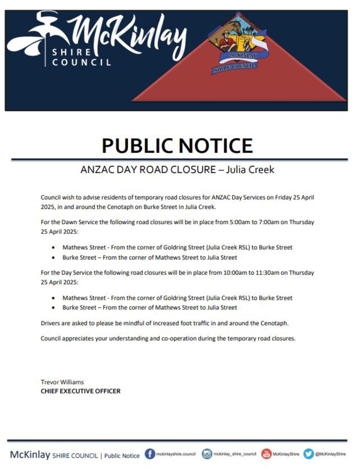 Public notice road closure julia creek 2025 1 1